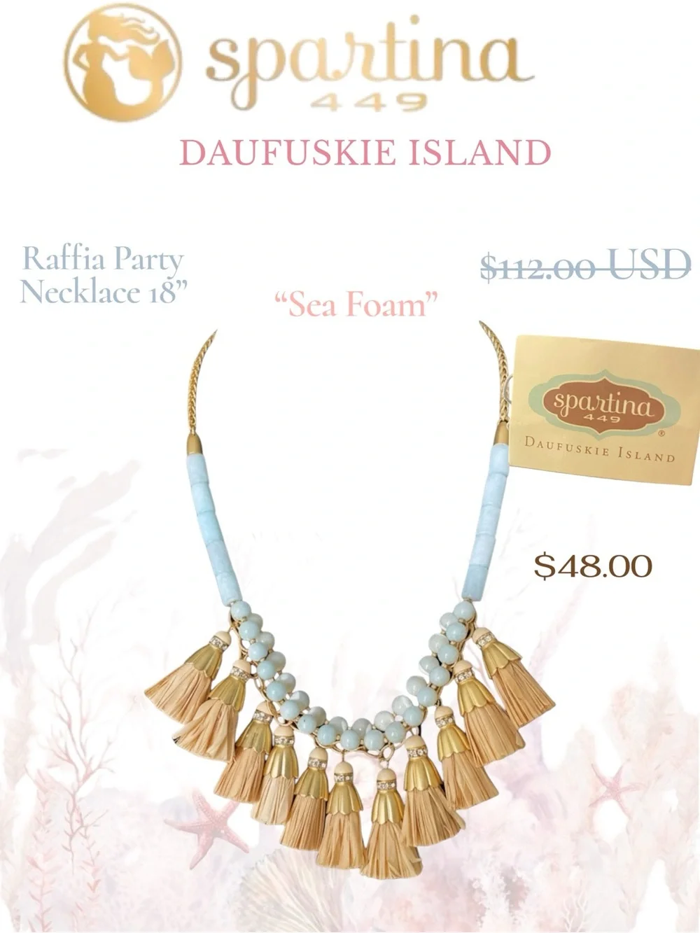 Spartina 449 18 Inch Raffia Gold-Accented “Sea Foam” Beaded Tassel Necklace